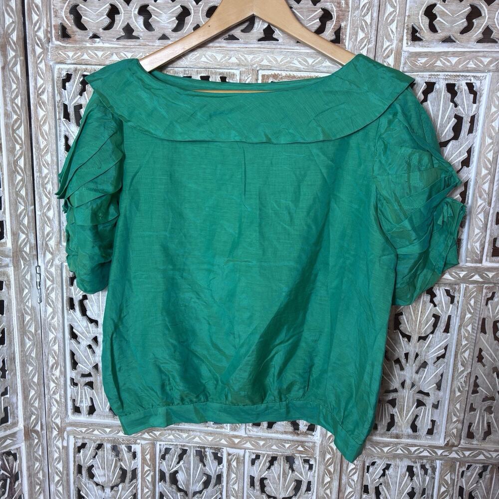 Halsinky Women's Silk Blend Pleated Short Sleeve Green Blouse Top Size S